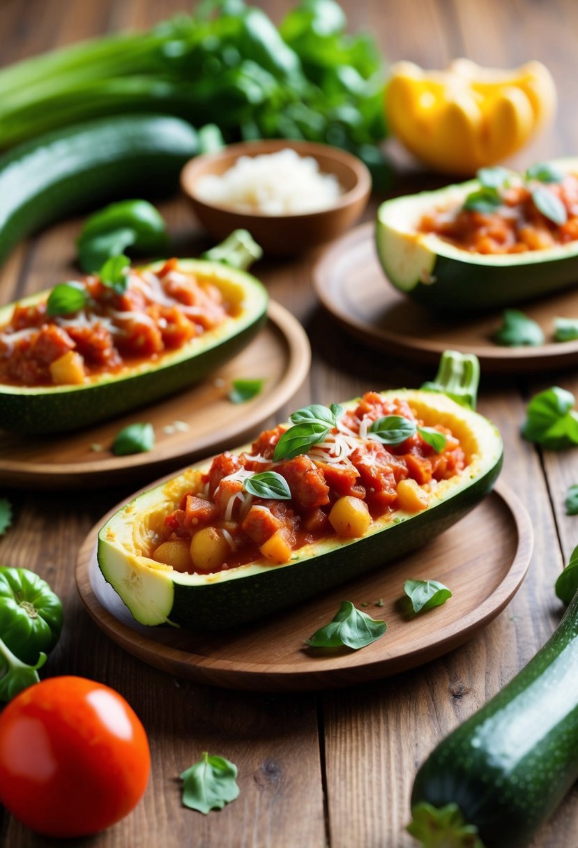 A wooden table set with zucchini spaghetti squash boats filled with marinara, surrounded by fresh ingredients