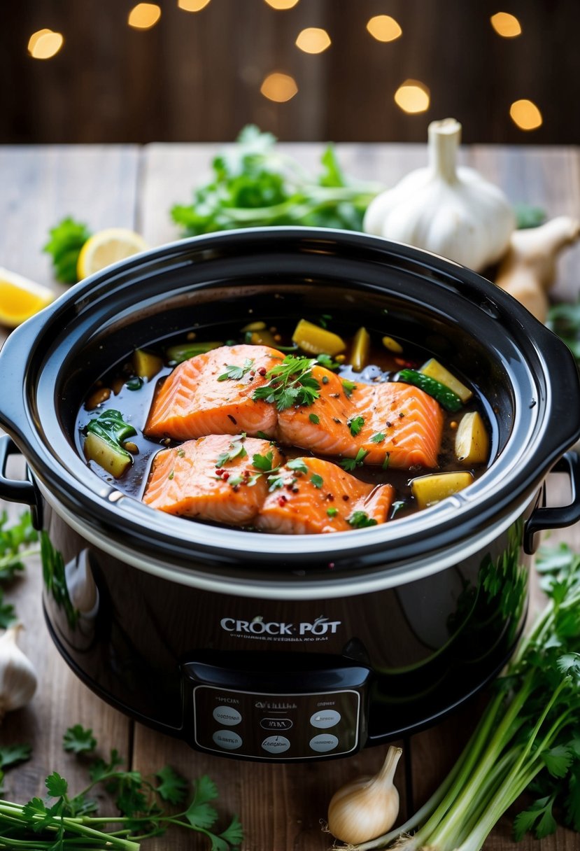 A crock pot filled with marinated salmon, soy sauce, ginger, and garlic, surrounded by fresh vegetables and herbs