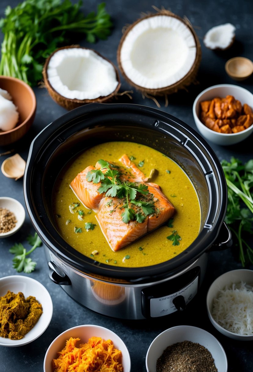 A crock pot with coconut curry salmon, surrounded by ingredients like coconut milk, curry paste, and fresh herbs