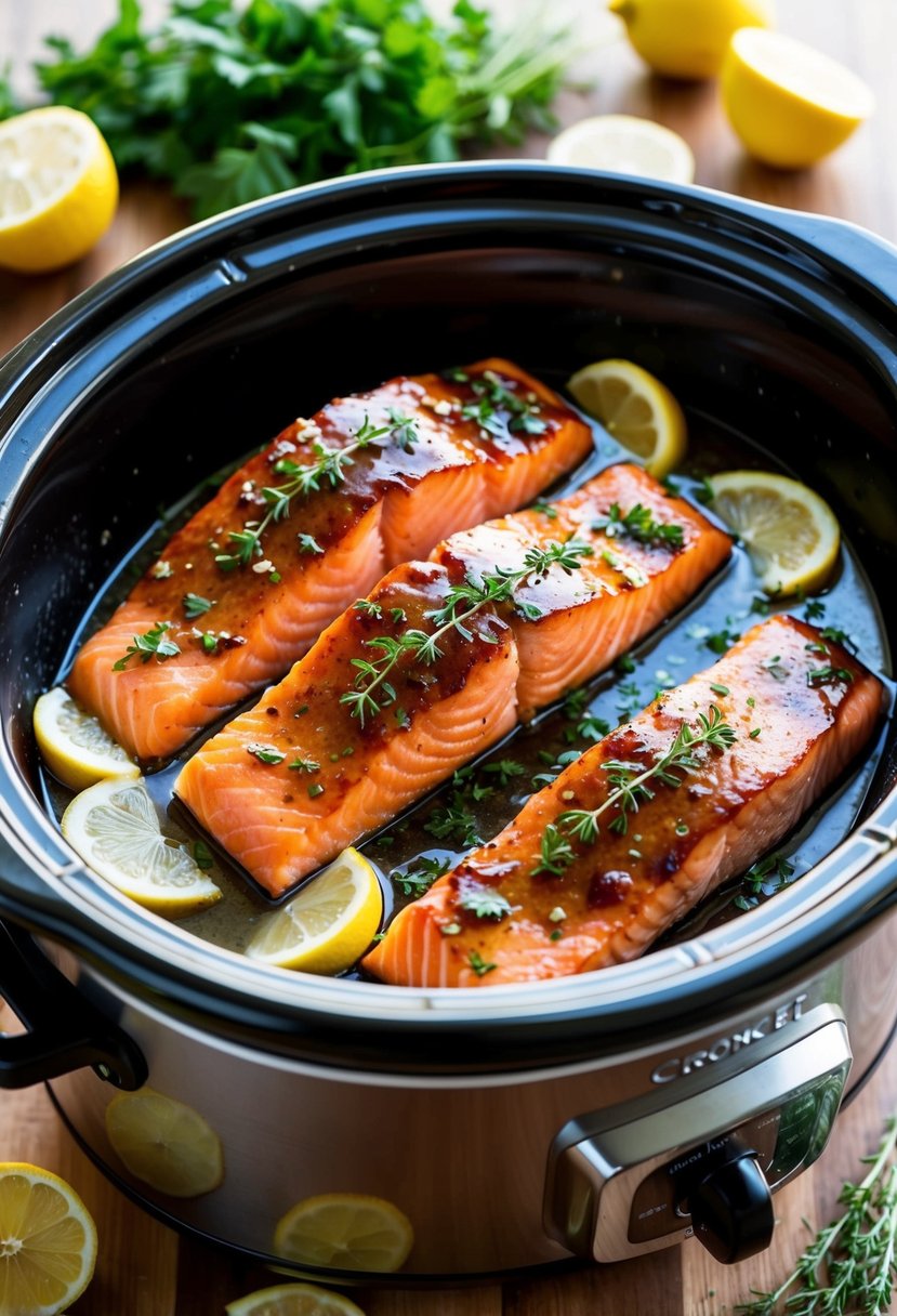 A crock pot filled with brown sugar glazed salmon fillets, surrounded by fresh herbs and lemon slices