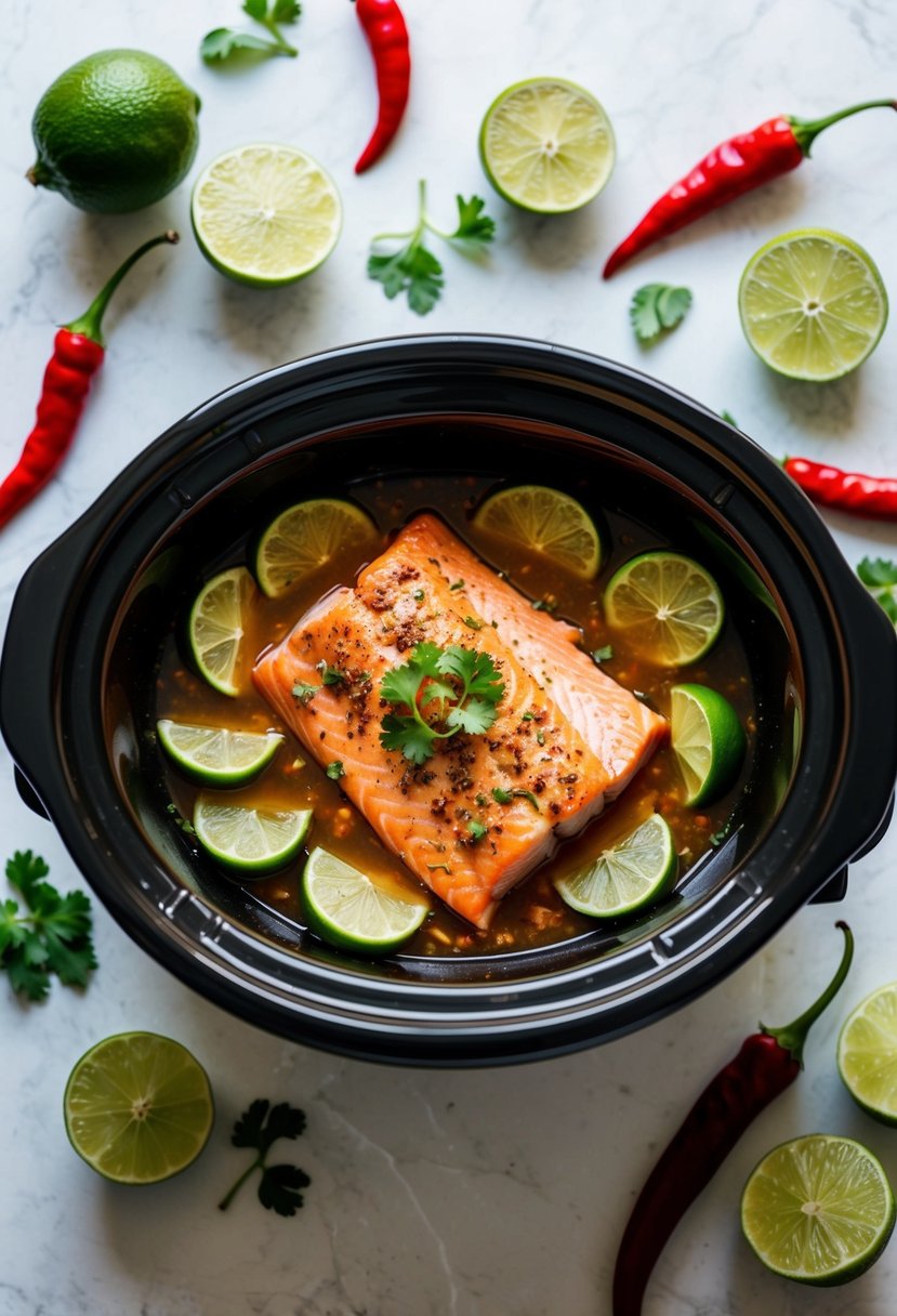 A crock pot filled with chili lime salmon, surrounded by sliced limes and chili peppers