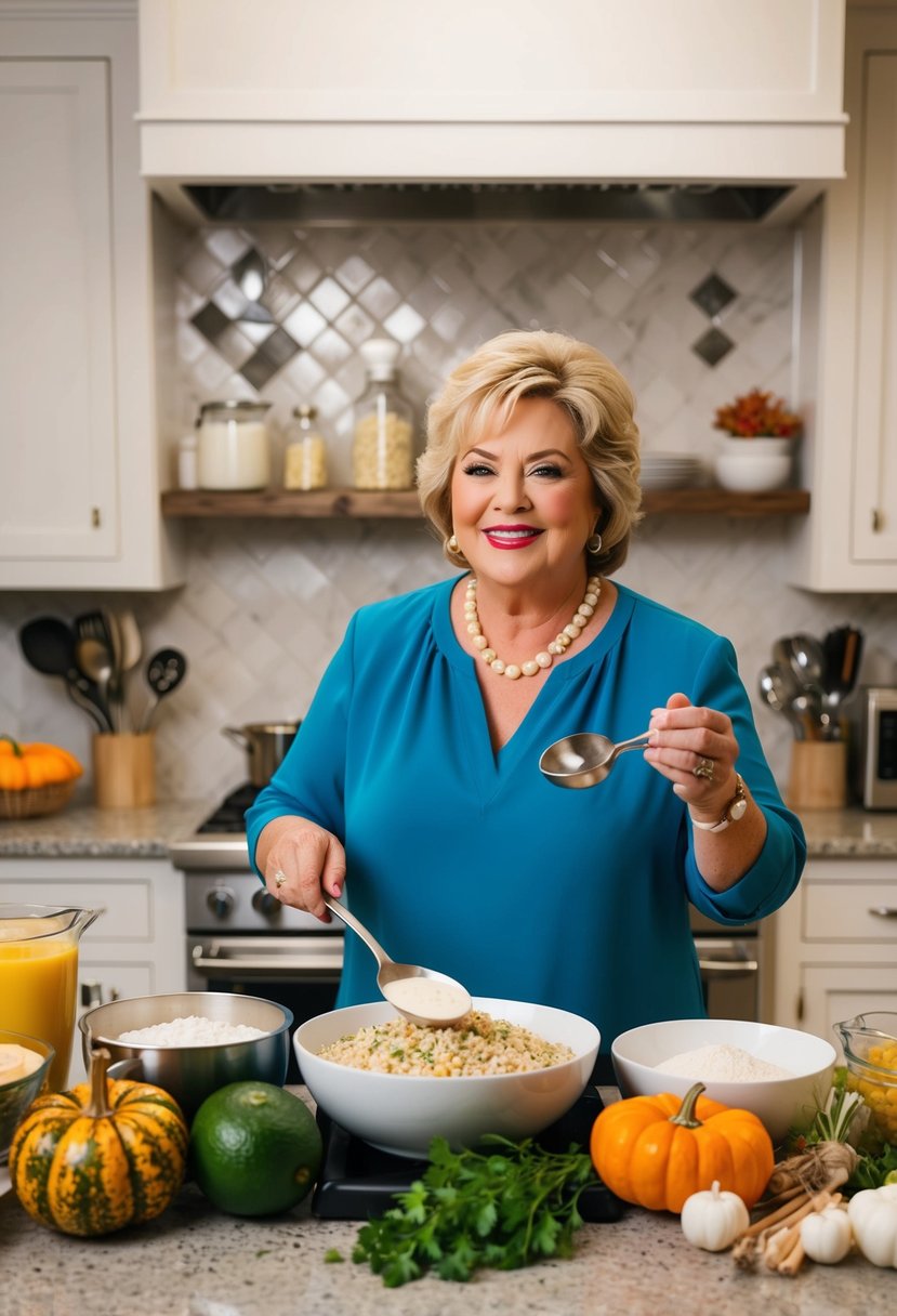 A kitchen counter with various ingredients and utensils for making Paula Deen's Thanksgiving dressing recipes