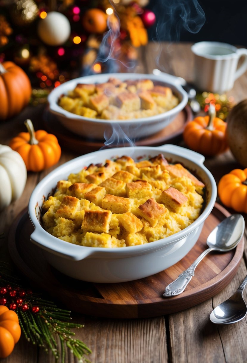 A wooden table set with a steaming dish of Southern cornbread dressing surrounded by festive Thanksgiving decorations