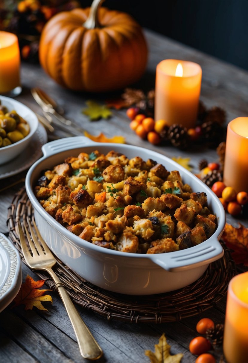 A steaming dish of oyster stuffing sits on a rustic Thanksgiving table, surrounded by autumnal decorations and the warm glow of candlelight