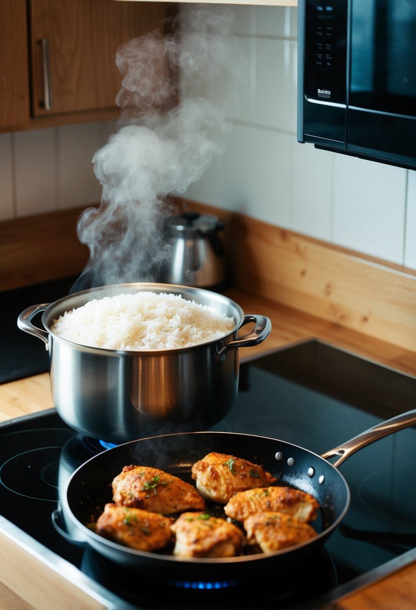 A pot of steaming rice and a sizzling skillet of seasoned chicken on a kitchen counter