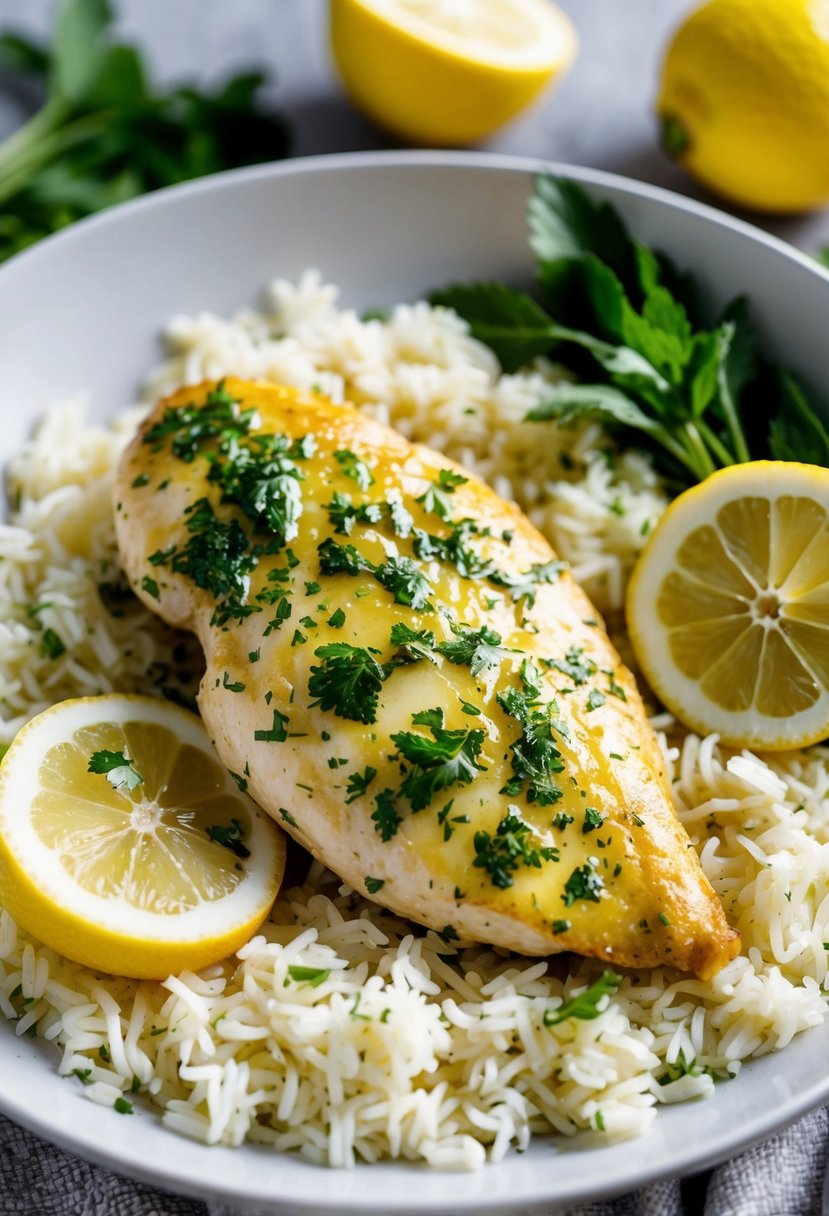 A sizzling lemon herb chicken breast sits atop a bed of fluffy white rice, surrounded by vibrant green herbs and slices of fresh lemon