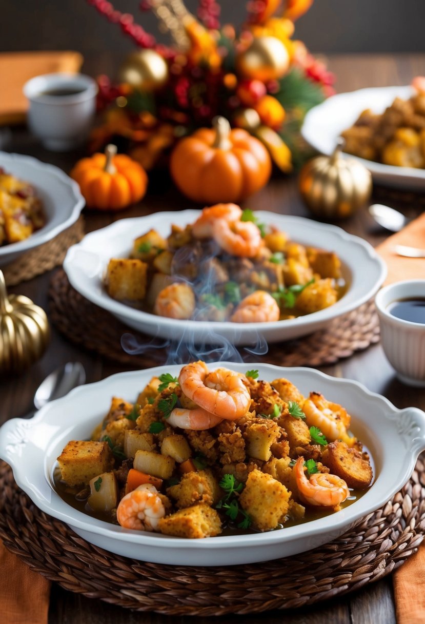 A table set with a steaming dish of traditional Savannah seafood stuffing, surrounded by festive Thanksgiving decor