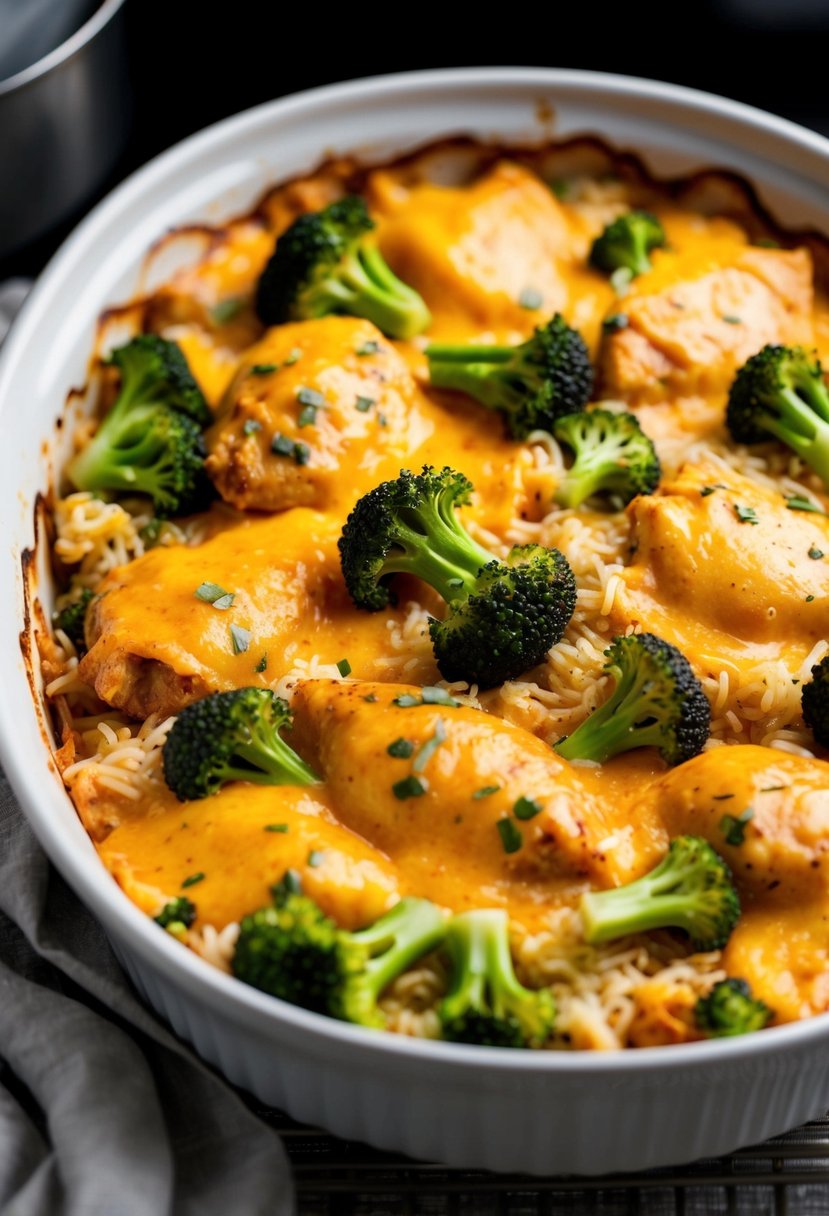 A bubbling casserole dish filled with cheesy chicken, rice, and broccoli, fresh from the oven