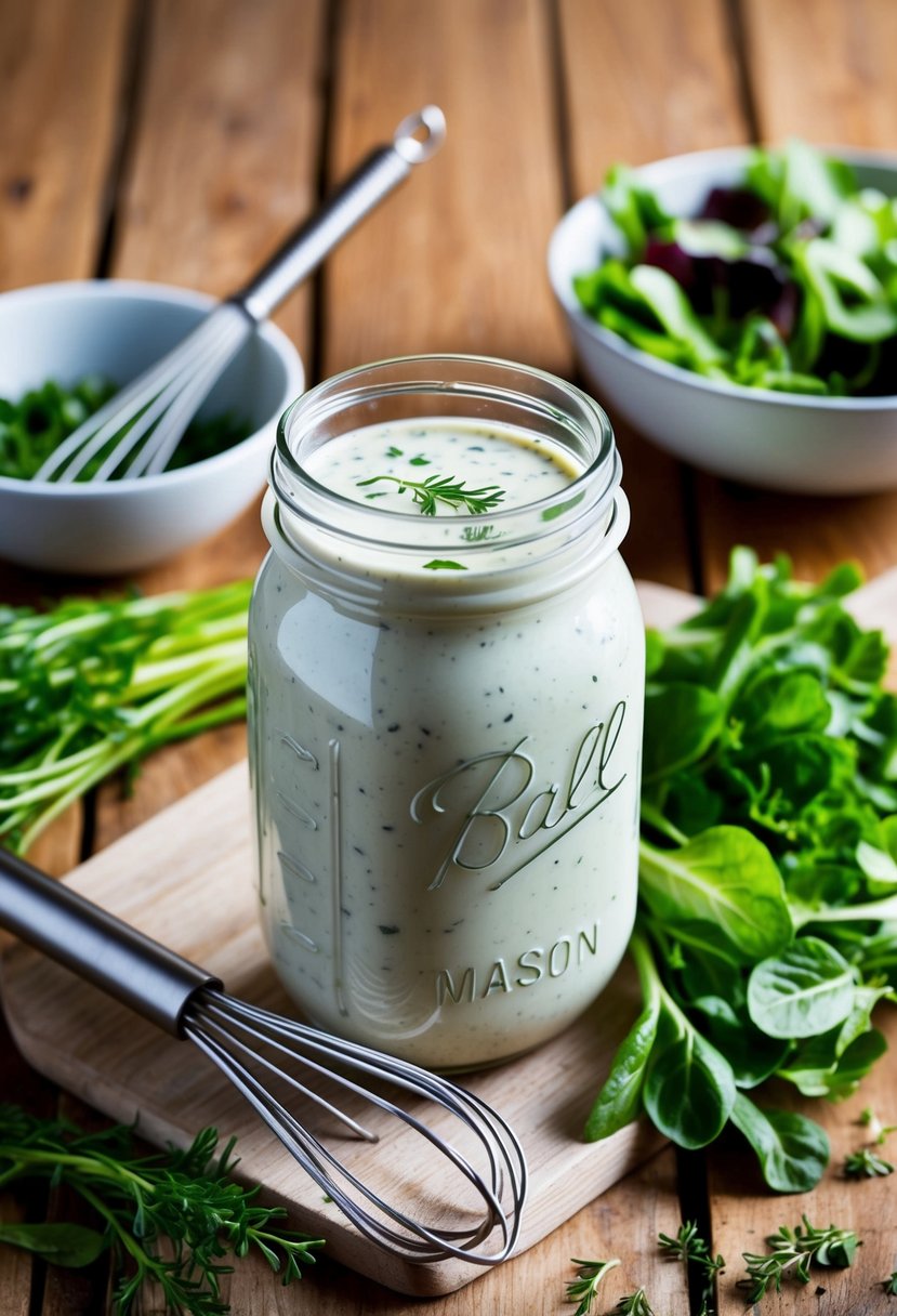 A mason jar filled with creamy buttermilk ranch dressing sits on a wooden table, surrounded by fresh herbs, a whisk, and a bowl of mixed greens