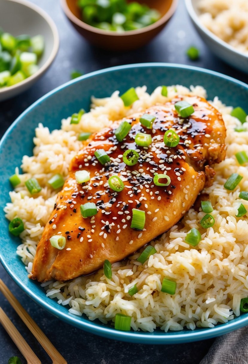 A sizzling teriyaki chicken breast sits on a bed of fluffy jasmine rice, garnished with sesame seeds and chopped green onions