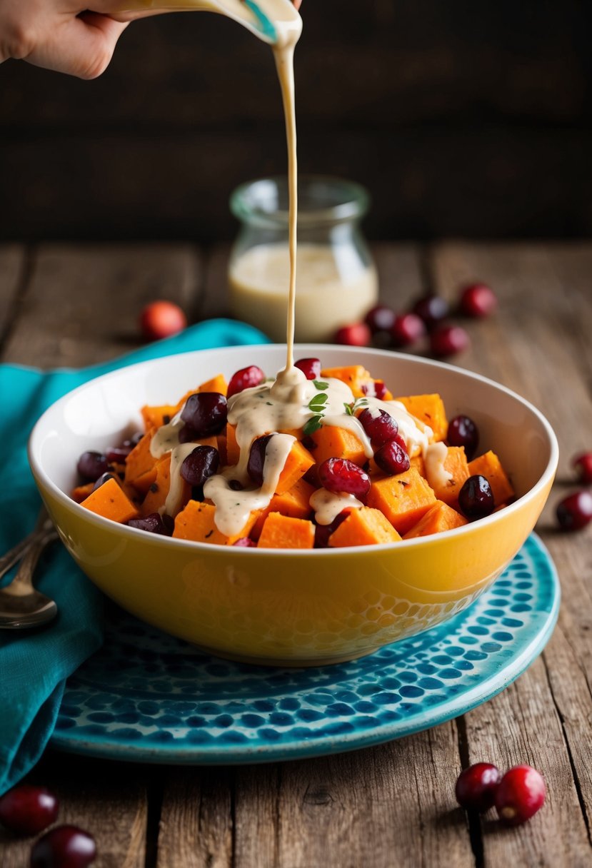 A colorful bowl of sweet potato and cranberry salad, drizzled with Paula Deen's signature dressing, sits on a rustic wooden table