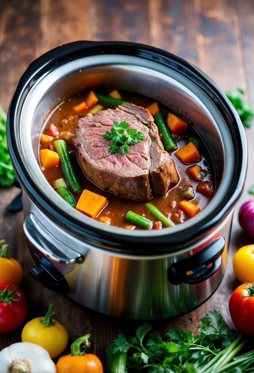 A crockpot filled with top sirloin steak, surrounded by colorful vegetables and simmering in a savory sauce