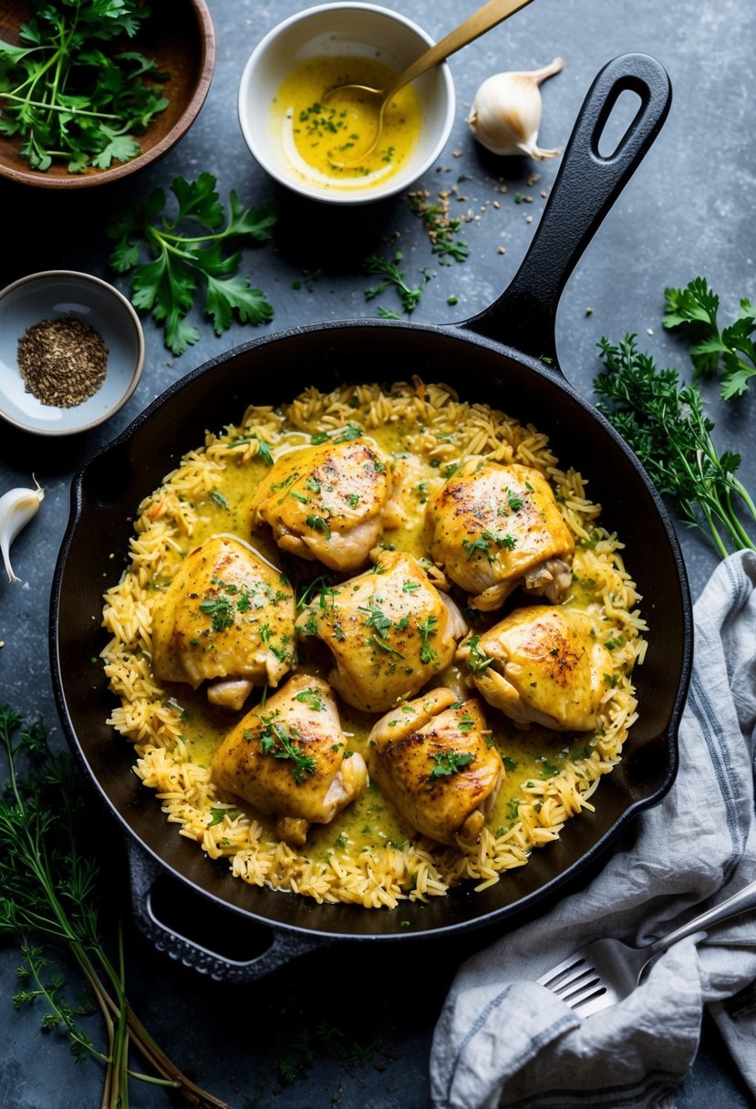 A sizzling skillet holds tender chicken and rice bathed in rich garlic butter sauce, surrounded by aromatic herbs and spices