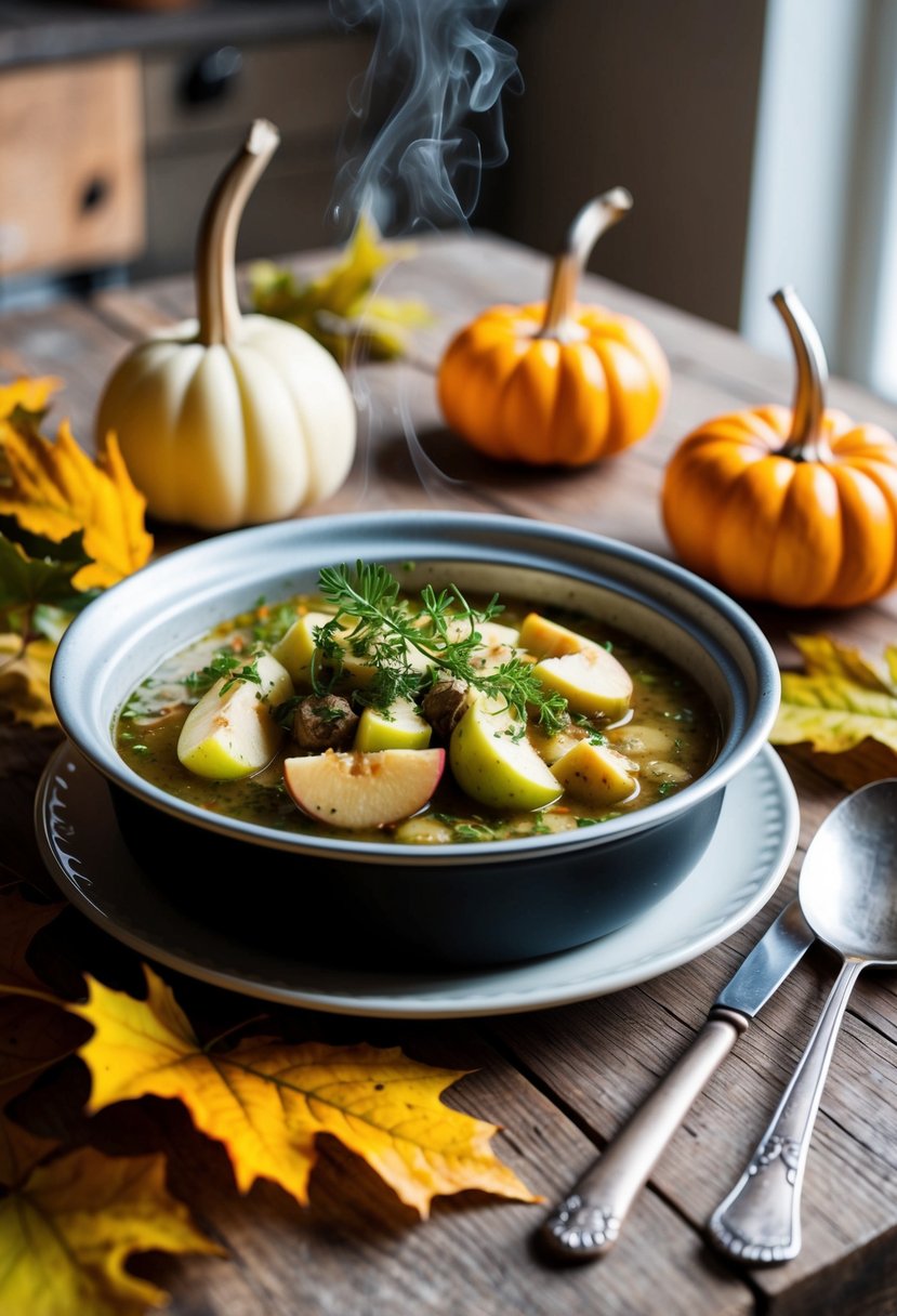 A rustic kitchen table set with a steaming dish of herb and apple dressing, surrounded by autumn leaves and decorative gourds