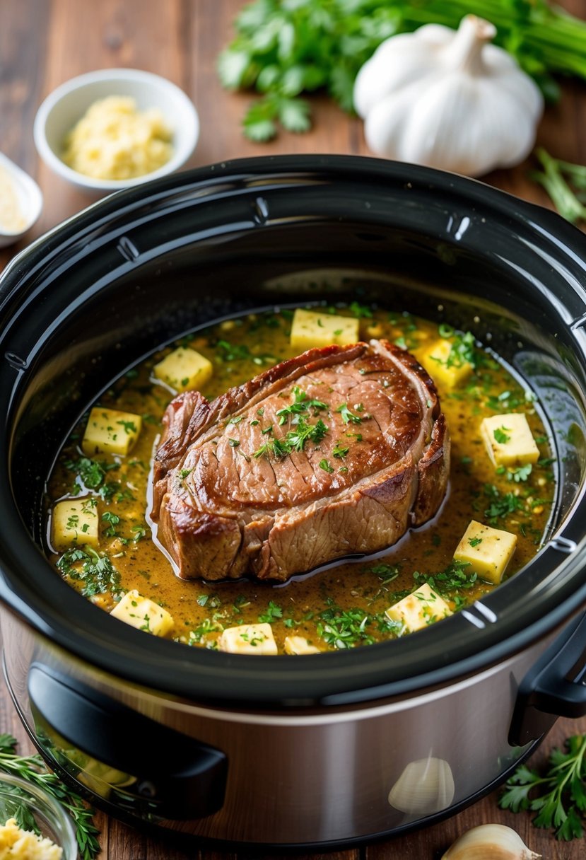 A sizzling sirloin steak searing in a crockpot, surrounded by savory garlic butter and herbs