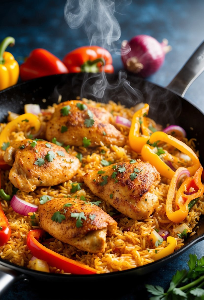 A sizzling skillet of Cajun-seasoned chicken and rice, surrounded by colorful peppers and onions, with steam rising from the dish