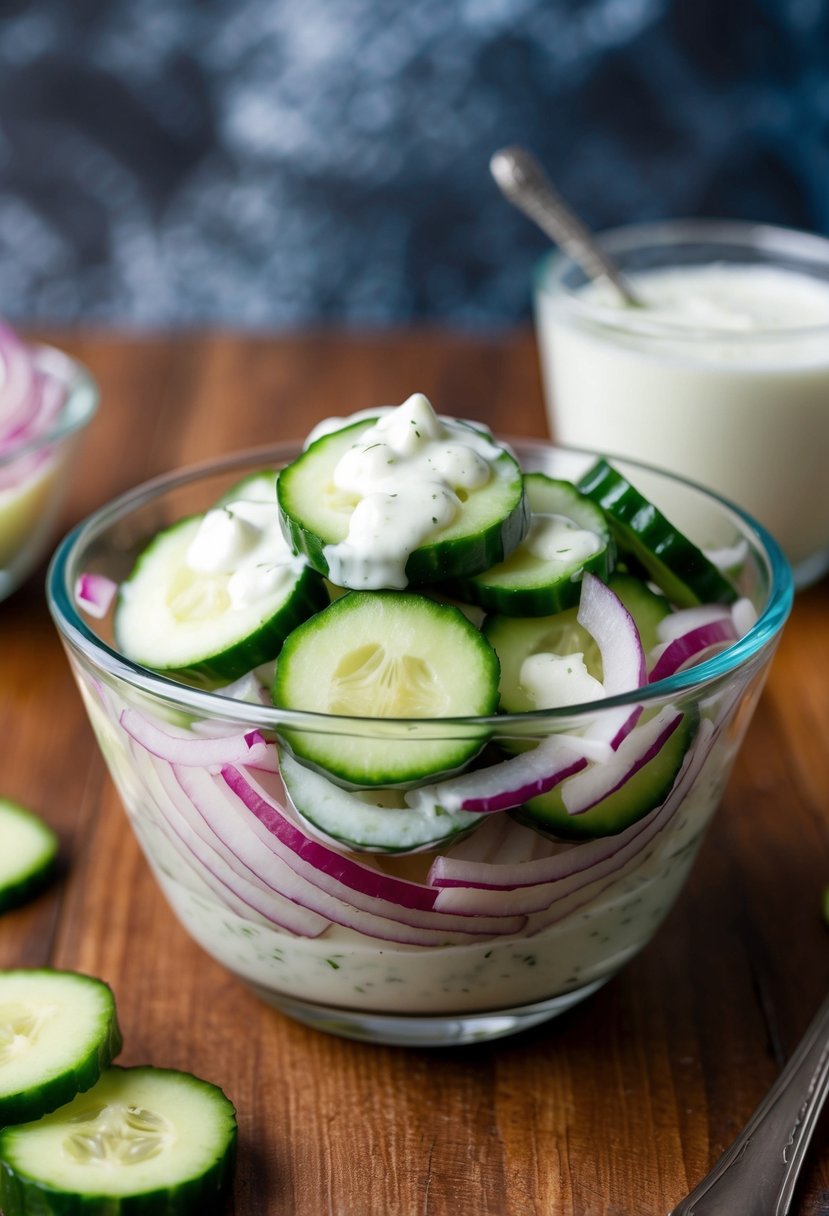 A glass bowl filled with sliced cucumbers and onions, topped with creamy ranch dressing