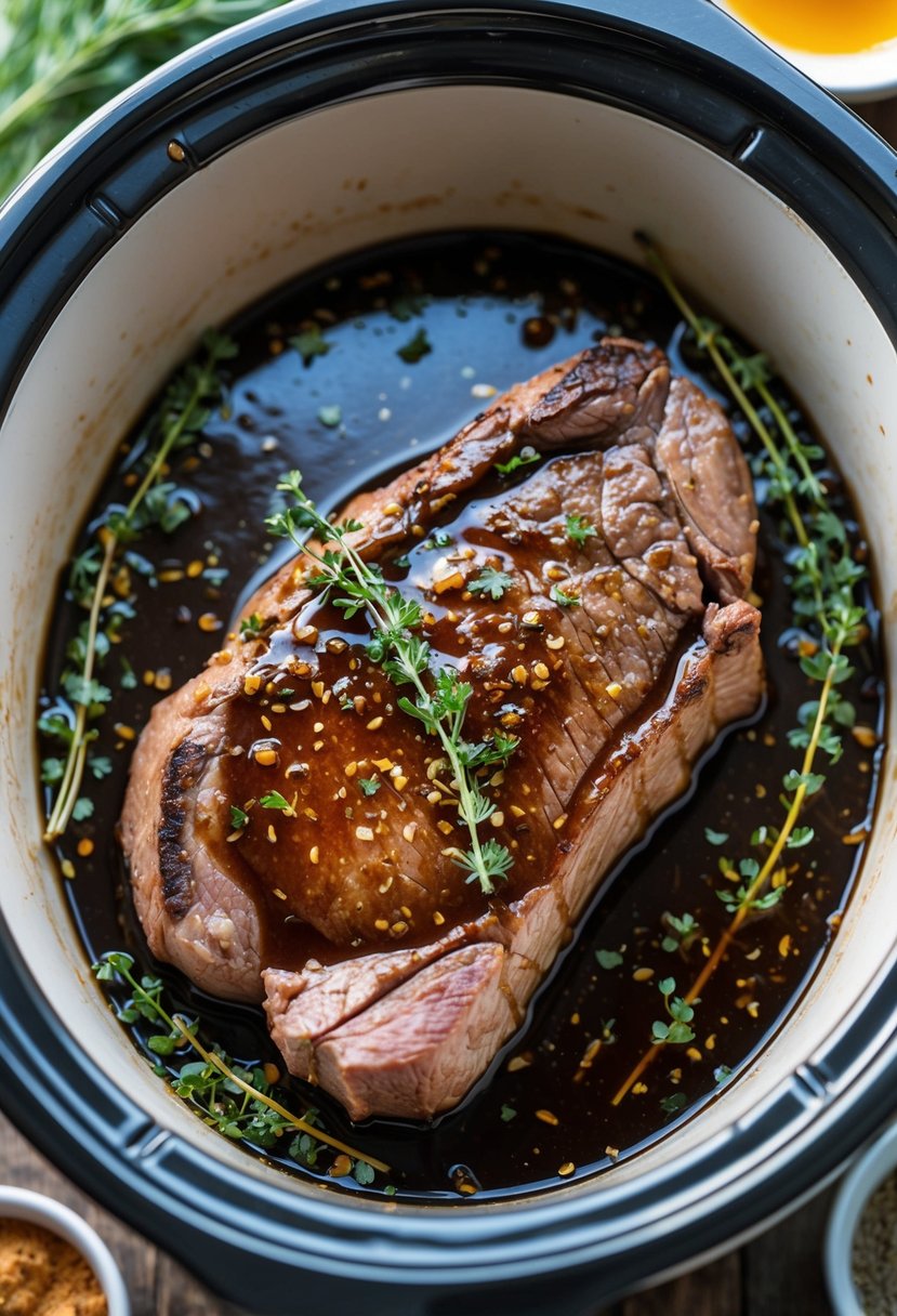 A top sirloin steak simmering in a crockpot with a honey balsamic glaze, surrounded by fresh herbs and spices