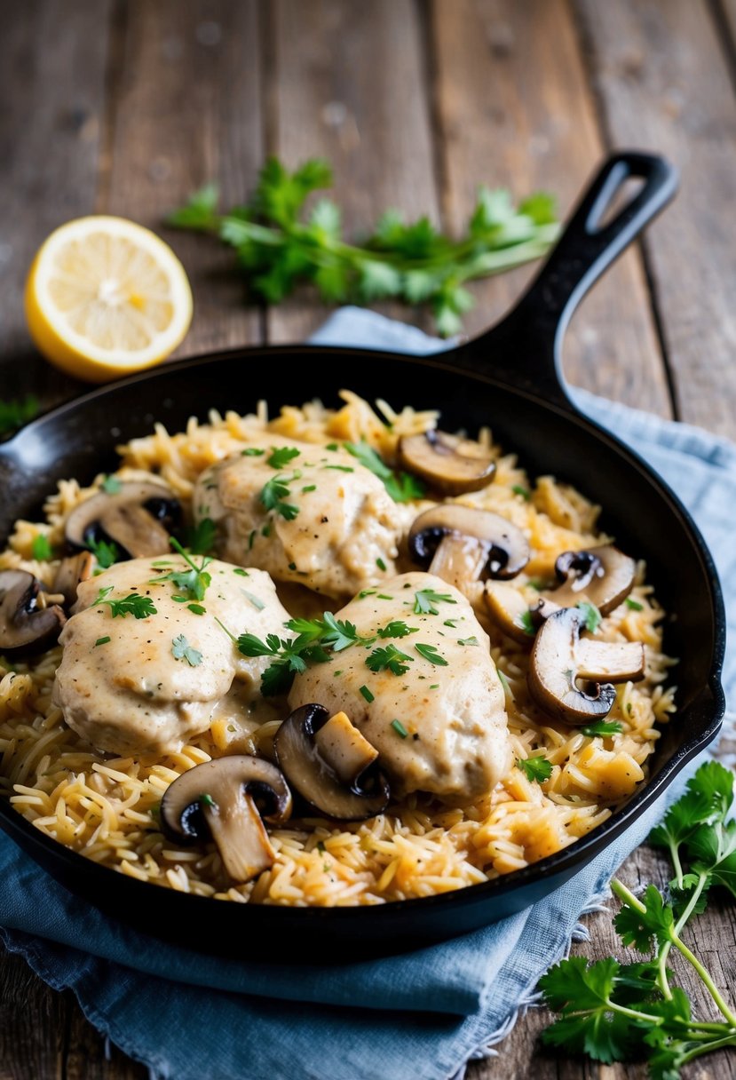 A sizzling skillet with creamy mushroom chicken and rice, garnished with fresh herbs and served on a rustic wooden table