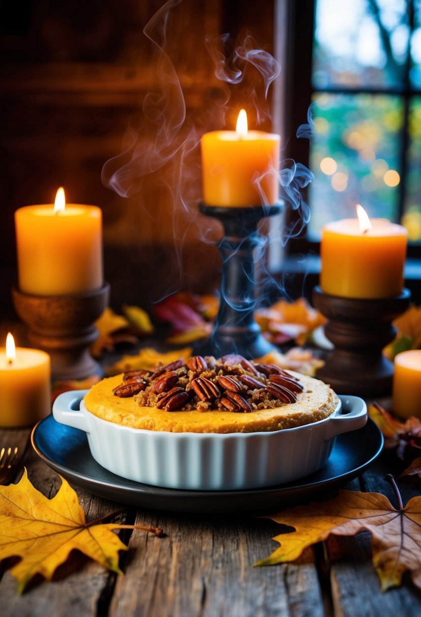 A rustic kitchen table set with a steaming dish of Spicy Pecan Cornbread Dressing surrounded by autumn leaves and warm candlelight