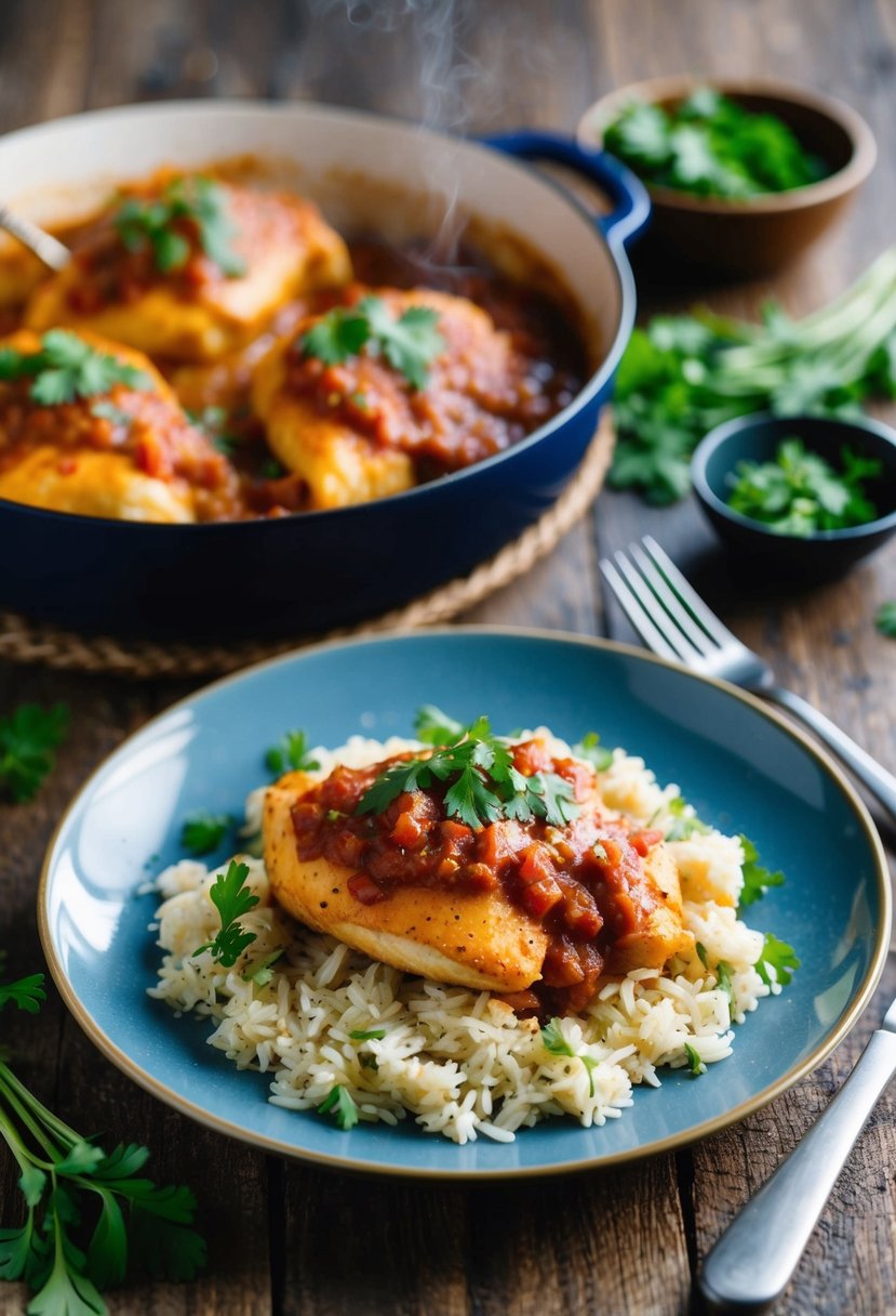 A plate of baked salsa chicken with rice, garnished with fresh herbs, steaming on a rustic wooden table