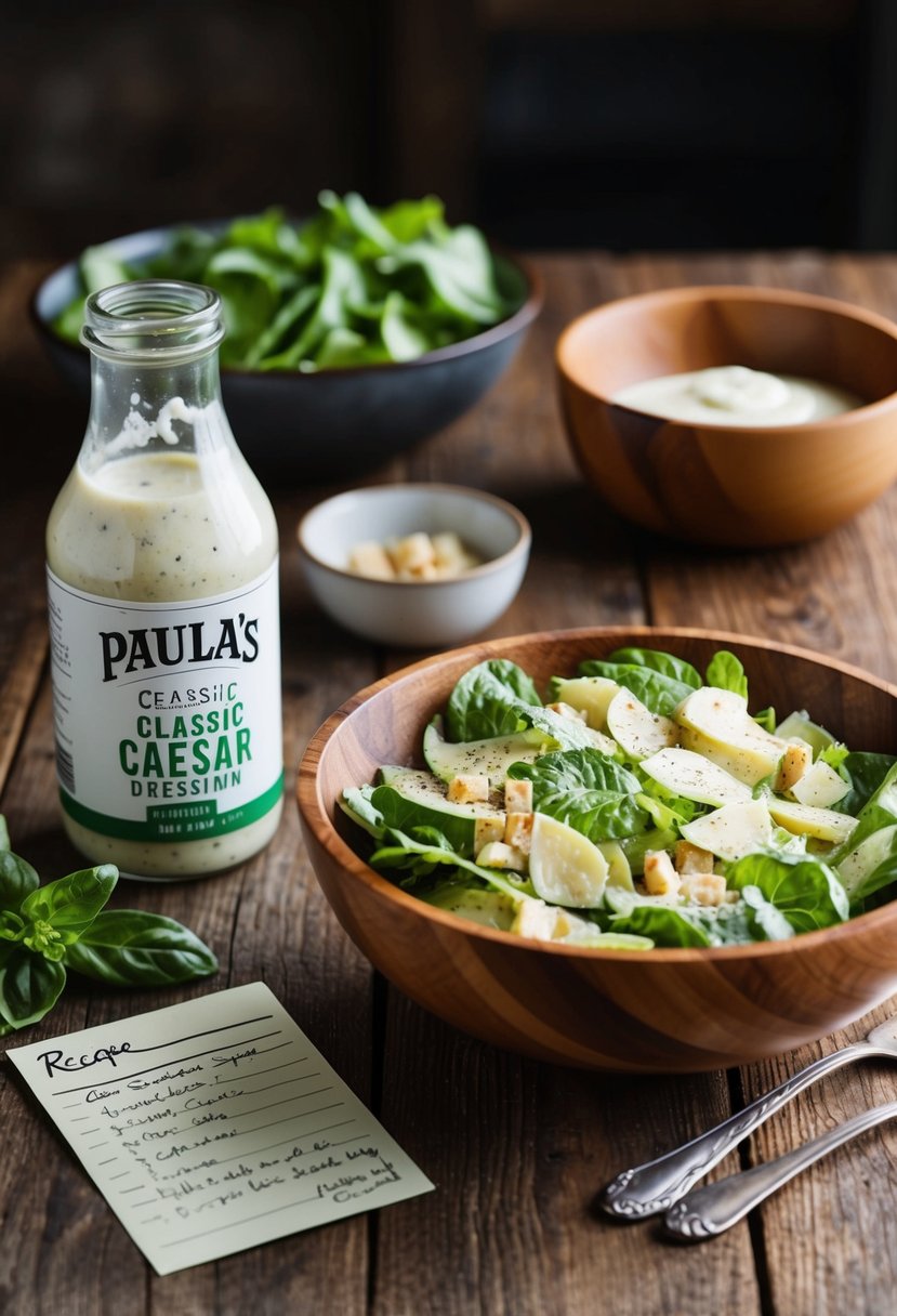 A rustic kitchen table set with a wooden bowl of Caesar salad, a jar of Paula's Classic Caesar Dressing, and a handwritten recipe card