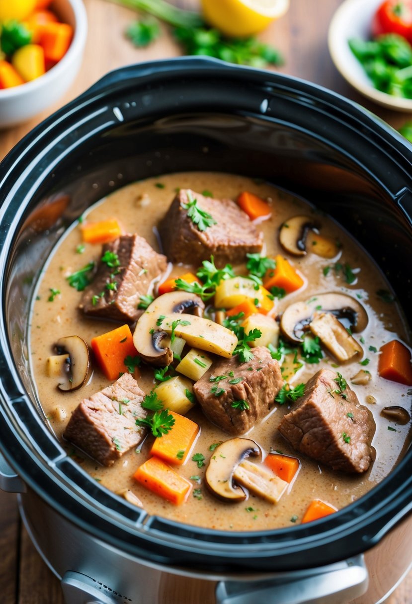 A bubbling crockpot filled with creamy mushroom sirloin stew, chunks of tender steak, and colorful vegetables