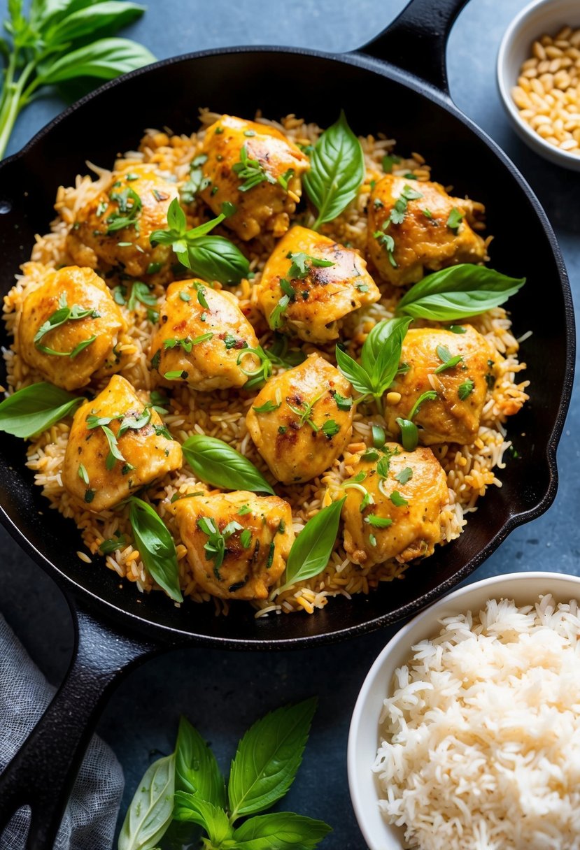 A sizzling skillet of Thai basil chicken and rice, garnished with fresh herbs and served with a side of steamed jasmine rice