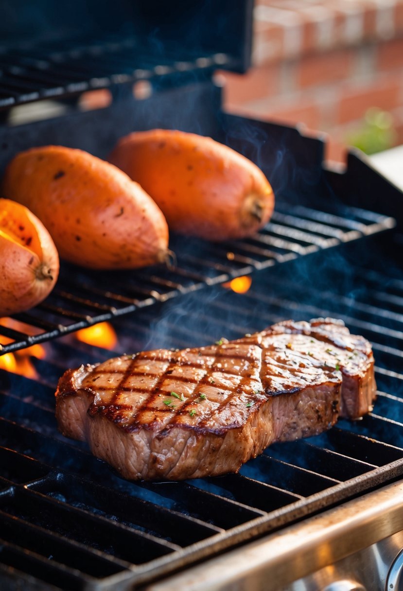 A juicy sirloin steak sizzling on a hot grill next to sweet potatoes cooking on the side