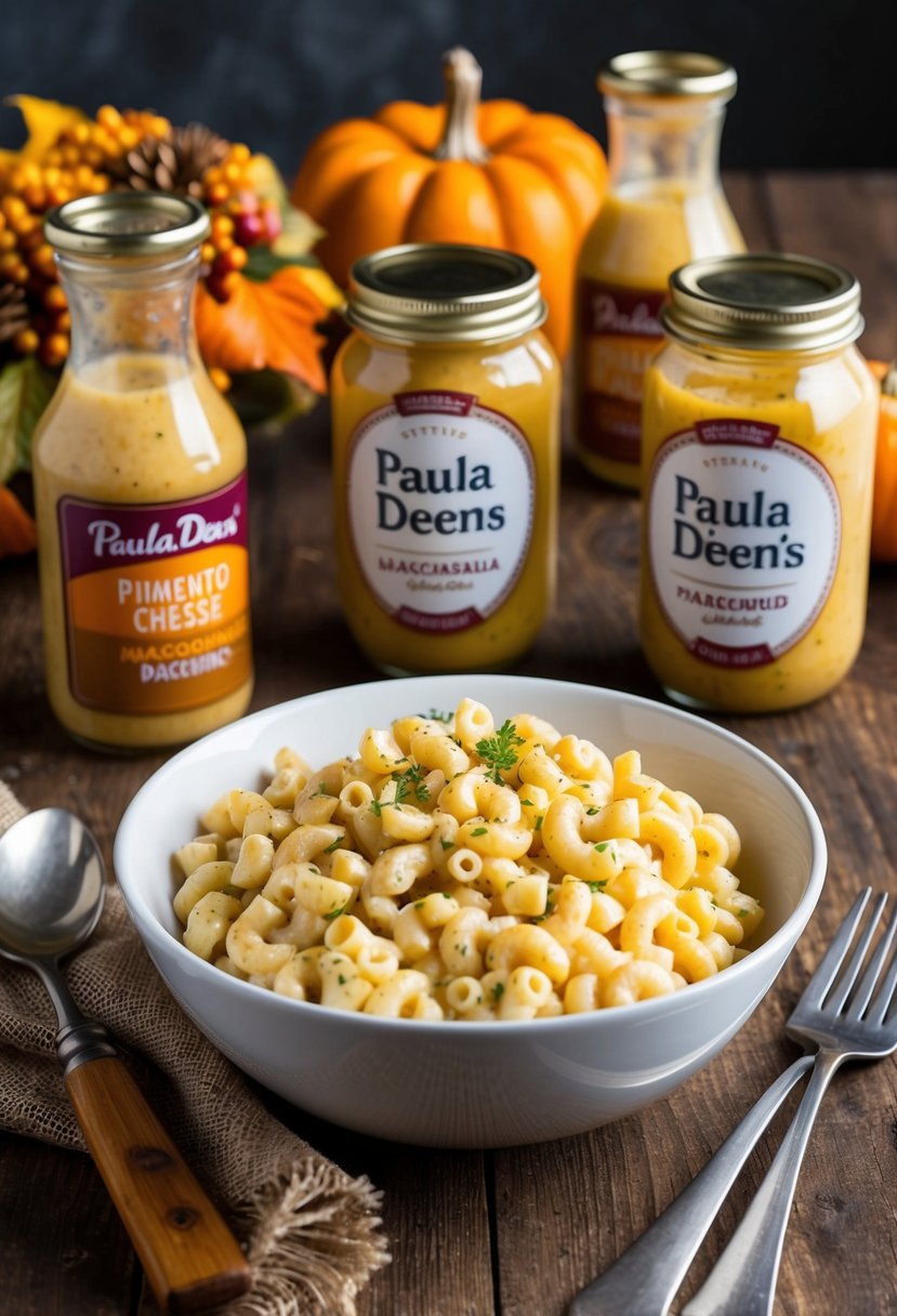 A rustic wooden table set with a bowl of Pimento Cheese Macaroni Salad, surrounded by jars of Paula Deen's signature dressing and Thanksgiving-themed decor