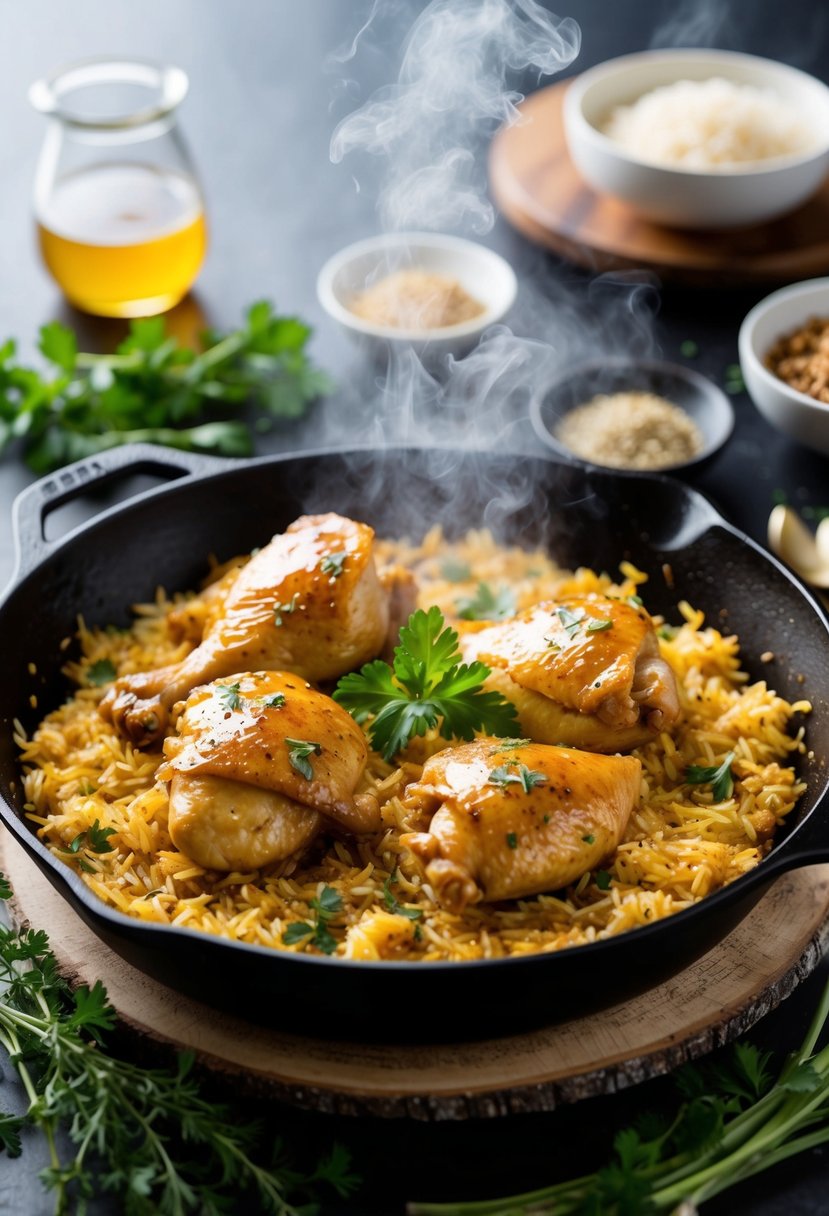 A sizzling skillet of honey garlic chicken and rice, steaming and fragrant, surrounded by fresh herbs and spices