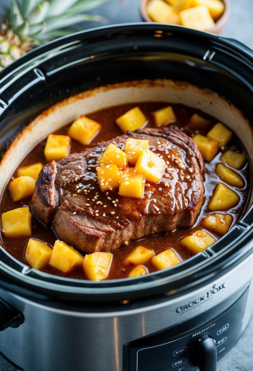 A juicy sirloin steak simmering in a crockpot with tangy pineapple teriyaki sauce