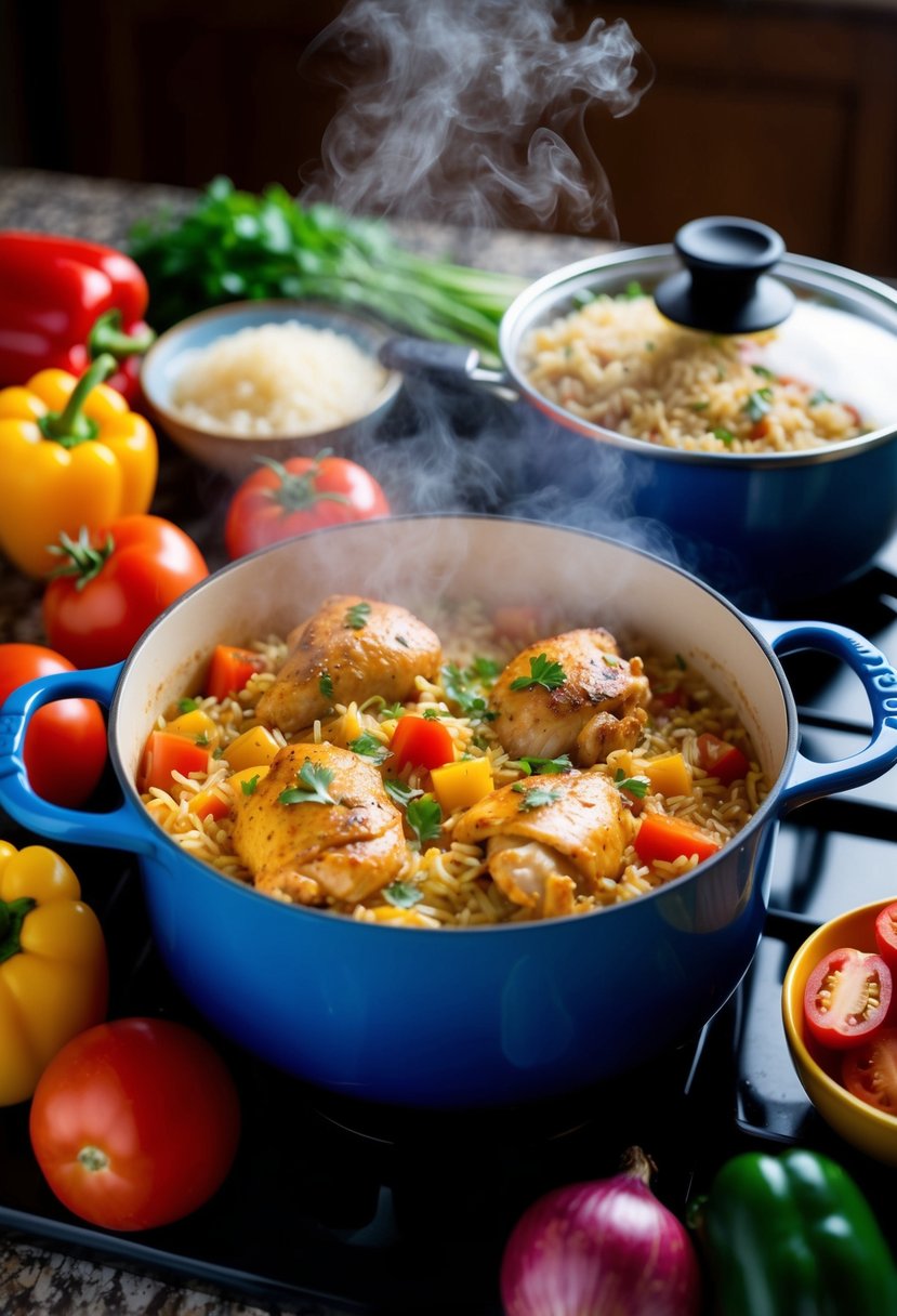 A steaming pot of Spanish chicken and rice simmering on a stovetop, surrounded by colorful ingredients like bell peppers, tomatoes, and onions