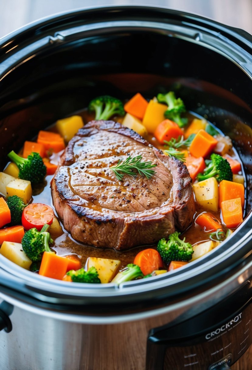 A sizzling sirloin steak surrounded by a colorful medley of fresh vegetables, all simmering in a crockpot