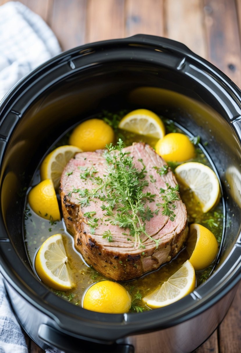 A zesty lemon herb sirloin roast simmering in a crockpot