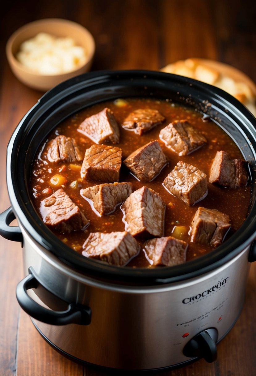 A bubbling crockpot filled with chunks of tender, juicy sirloin steak, simmering in a rich, hearty red wine stew