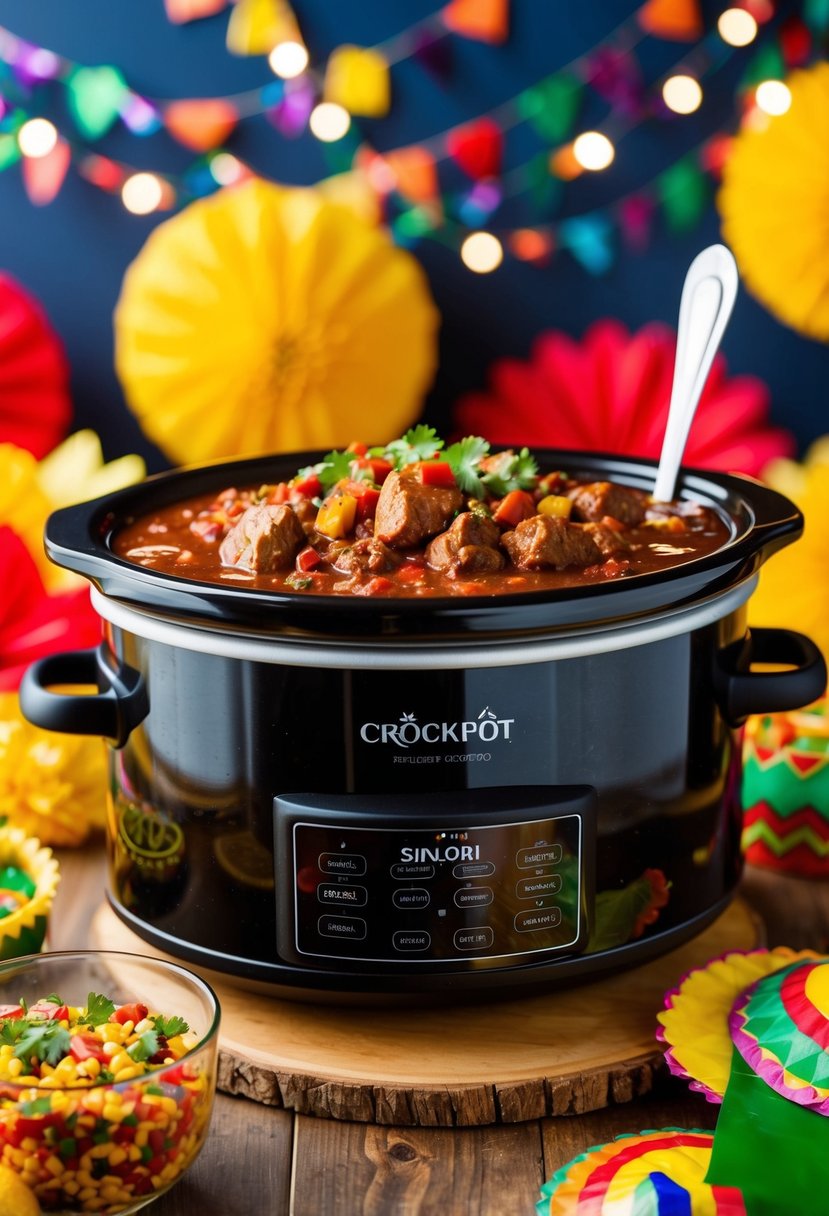 A bubbling crockpot filled with spicy sirloin chili, surrounded by festive fiesta decorations