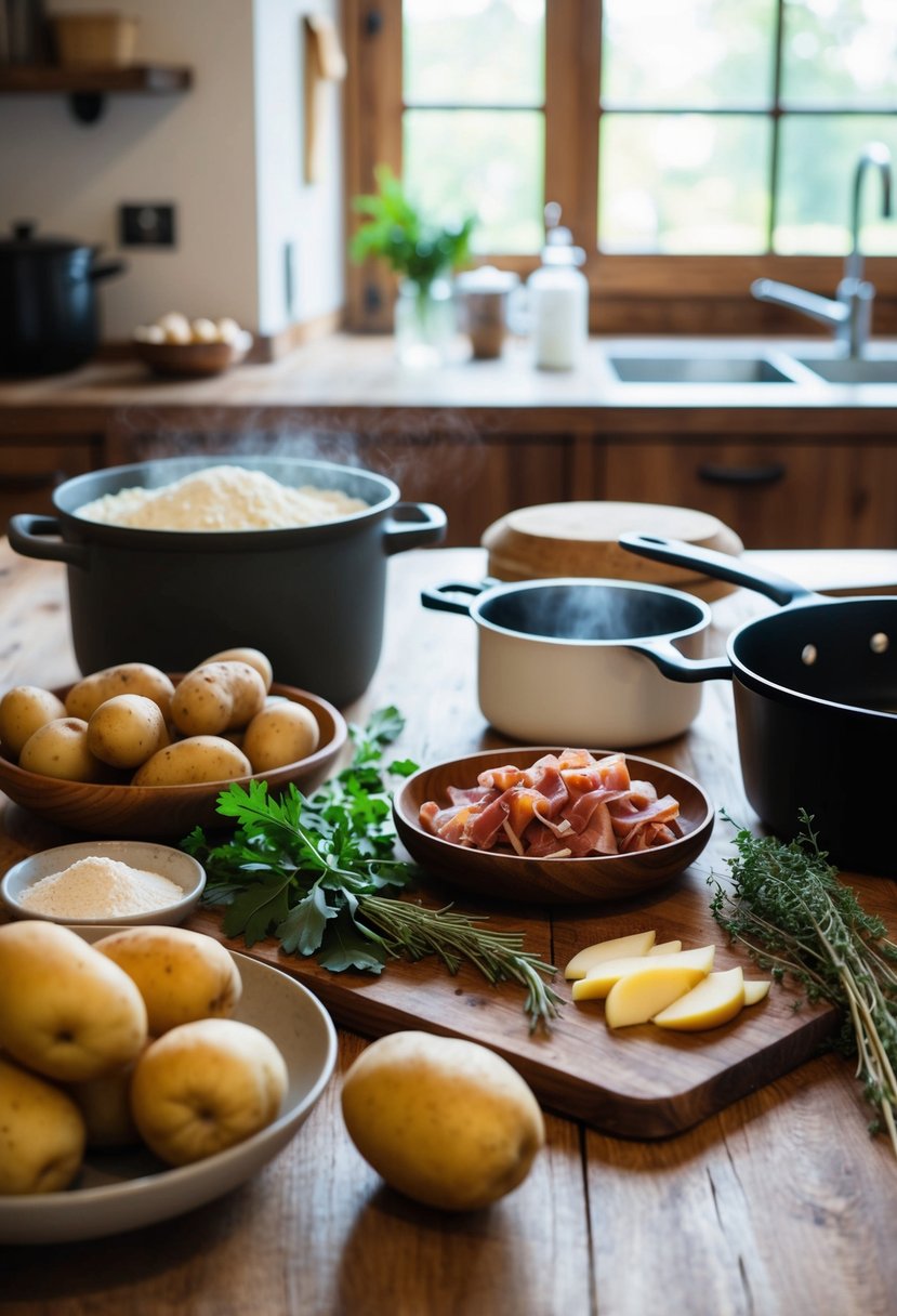 A rustic kitchen with a wooden table set with ingredients like potatoes, flour, pancetta, and herbs, alongside a pot and skillet