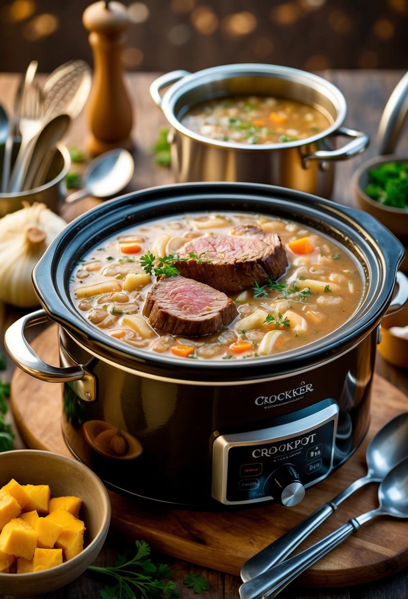 A bubbling crockpot filled with classic onion soup and tender sirloin steak, surrounded by rustic kitchen utensils and a warm, inviting atmosphere