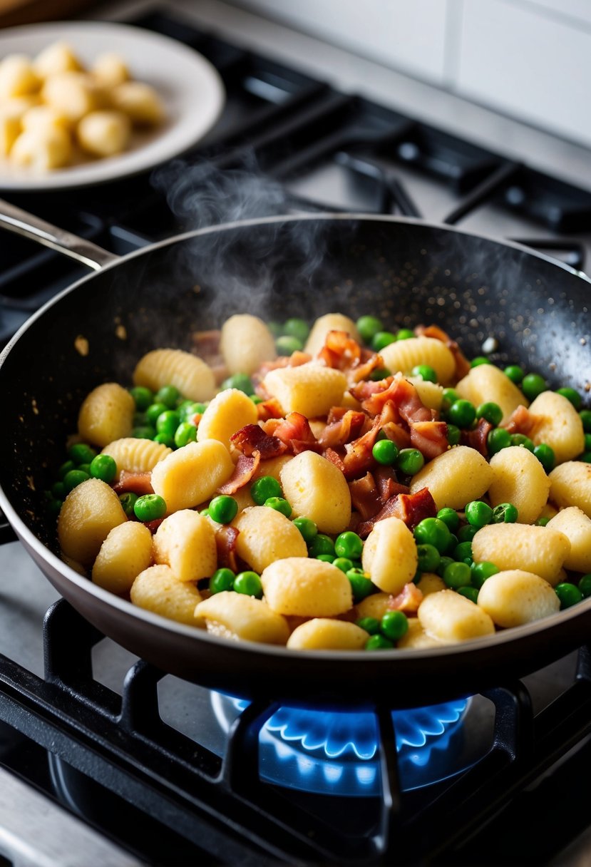 A steaming skillet of creamy gnocchi, pancetta, and peas sizzling together over a stove