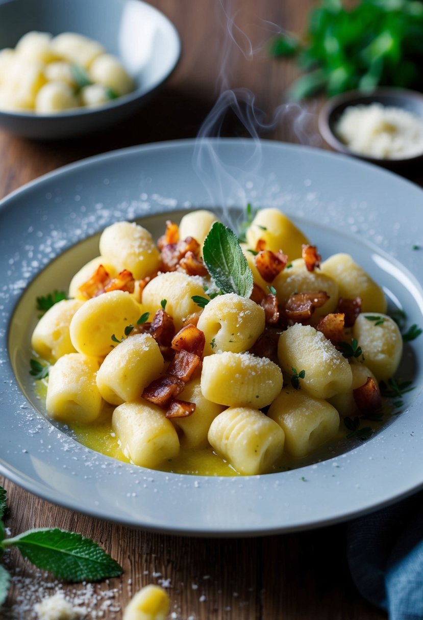 A steaming plate of gnocchi with crispy pancetta and sage butter, garnished with fresh herbs and grated cheese