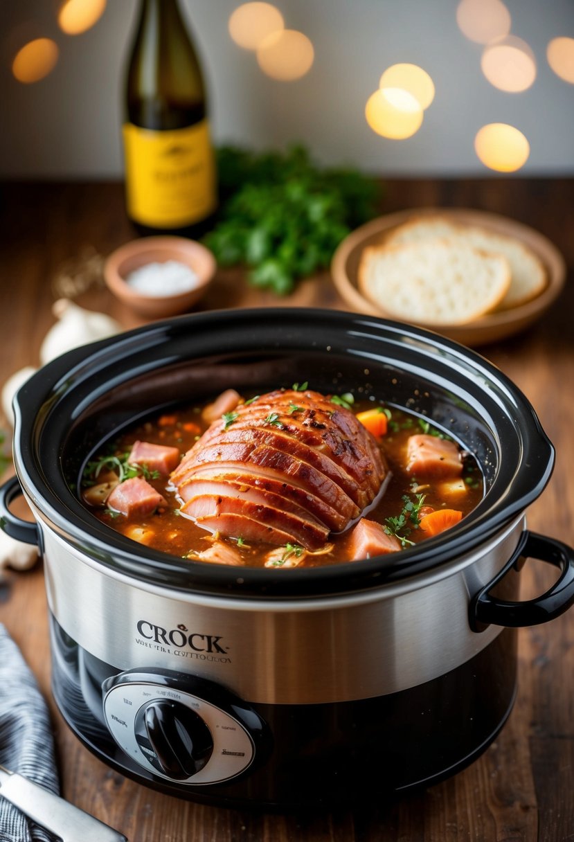 A crock pot filled with simmering small ham and savory ingredients