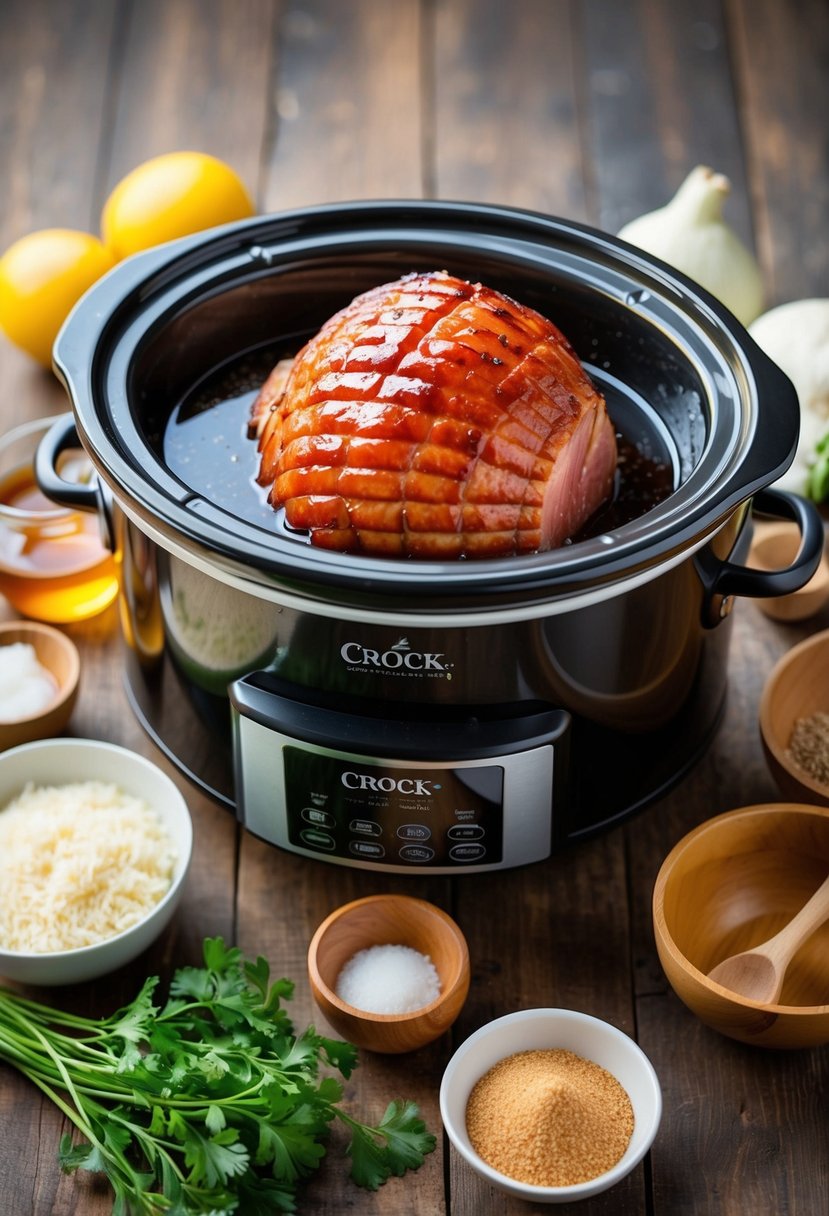 A crock pot filled with a small honey-glazed ham, surrounded by ingredients for a honey glaze recipe