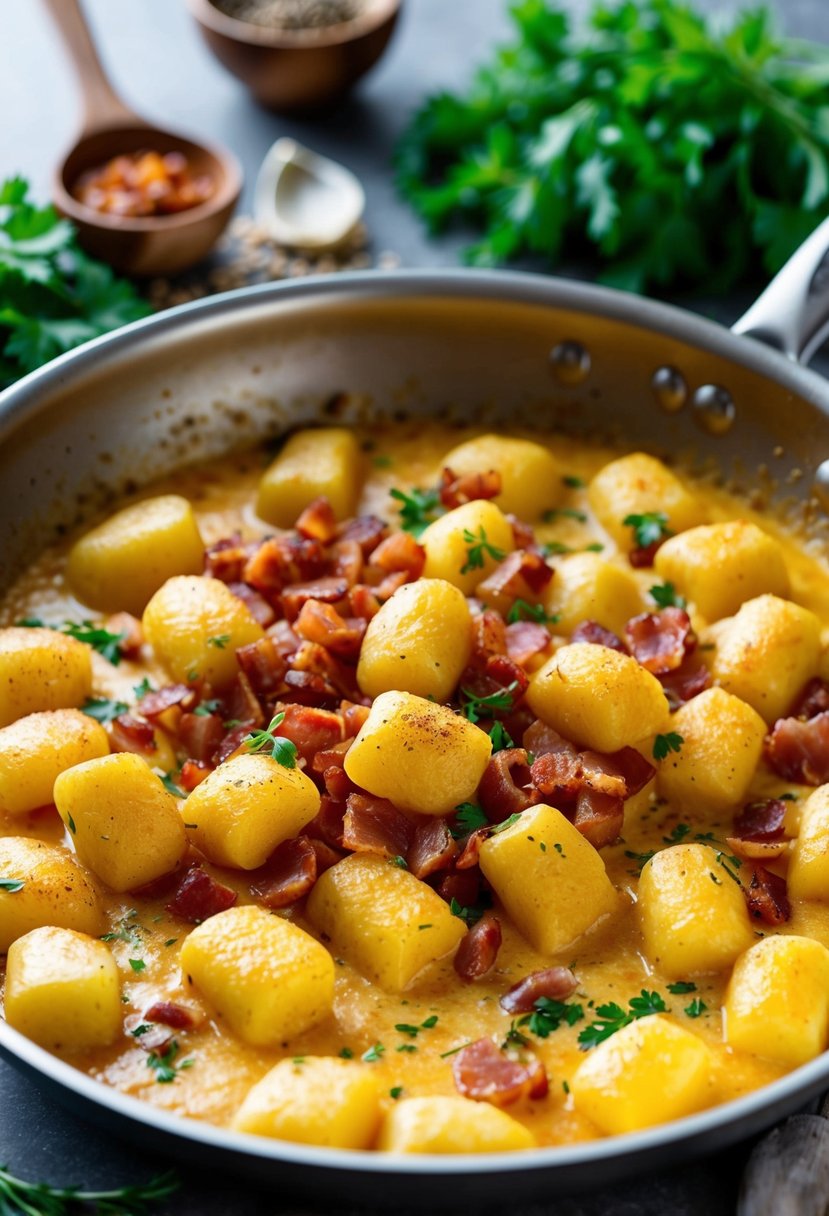 A sizzling pan of golden-brown gnocchi and crispy pancetta, bubbling in a creamy, cheesy sauce, surrounded by fresh herbs and spices