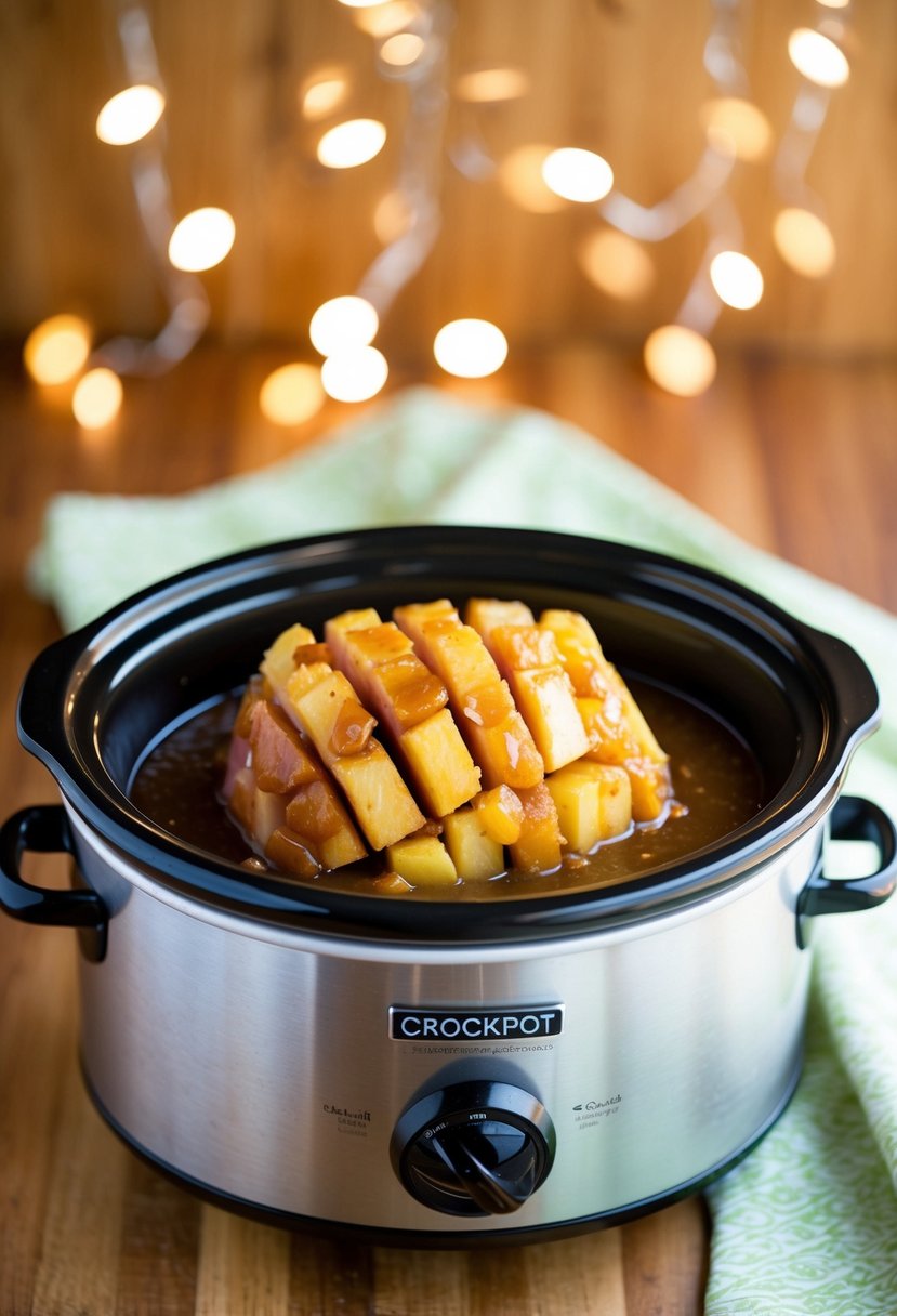 A crockpot filled with a small ham coated in pineapple and brown sugar sauce