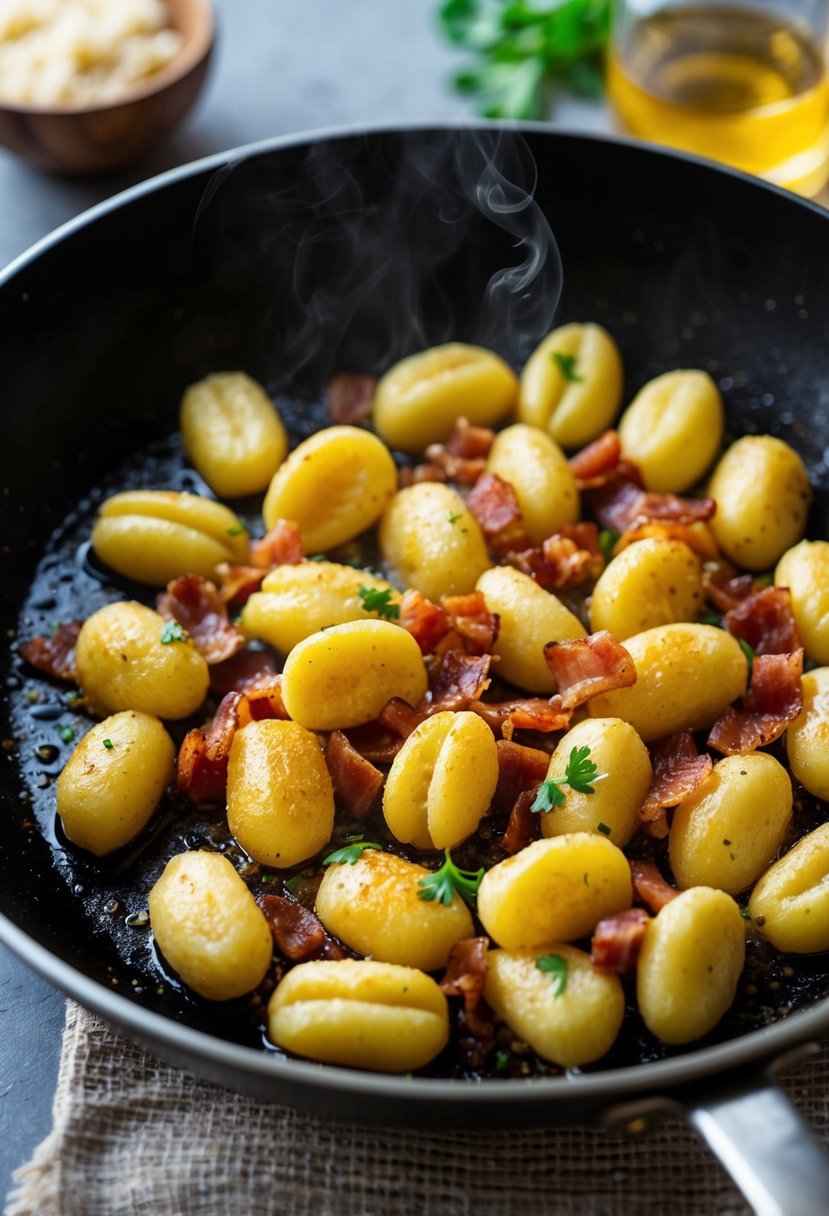 A sizzling skillet holds golden-brown garlic gnocchi and crispy pancetta, steaming and fragrant