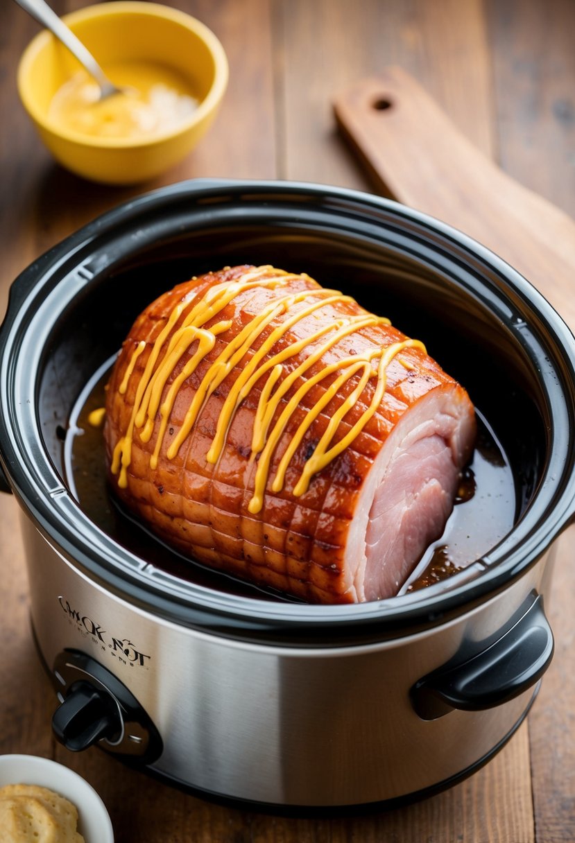 A small ham glazed with maple mustard cooking in a crock pot