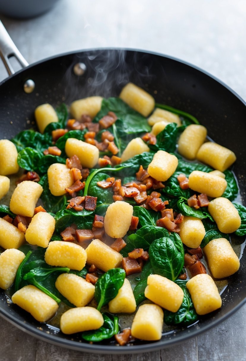 A sizzling pan of golden brown pancetta and vibrant green spinach, surrounded by pillowy gnocchi, steaming and ready to be served