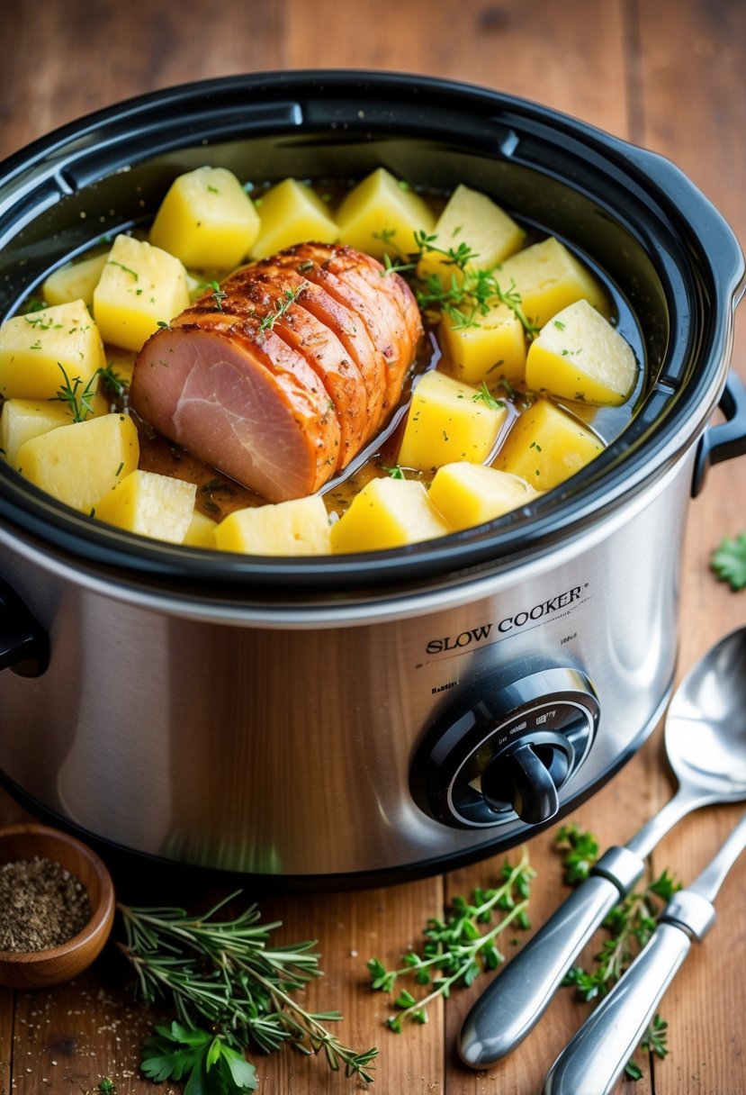 A slow cooker filled with diced potatoes and a small ham, surrounded by aromatic herbs and spices, simmering gently