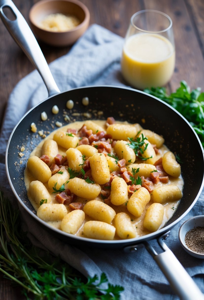 A sizzling pan of golden-brown pancetta and pillowy gnocchi, surrounded by fresh herbs and a creamy carbonara sauce